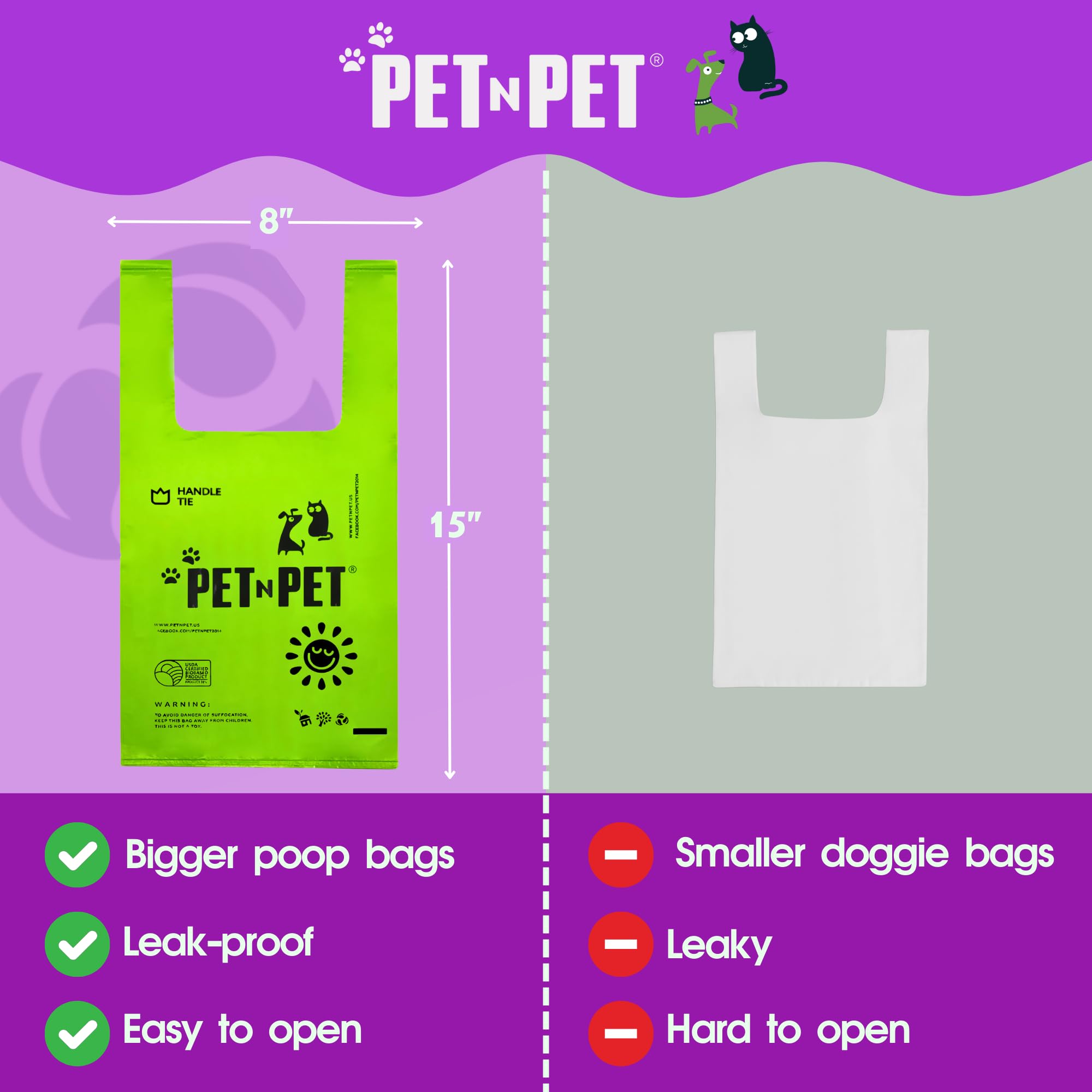 PET N PET poop bags with five-inch tie handles for secure disposal