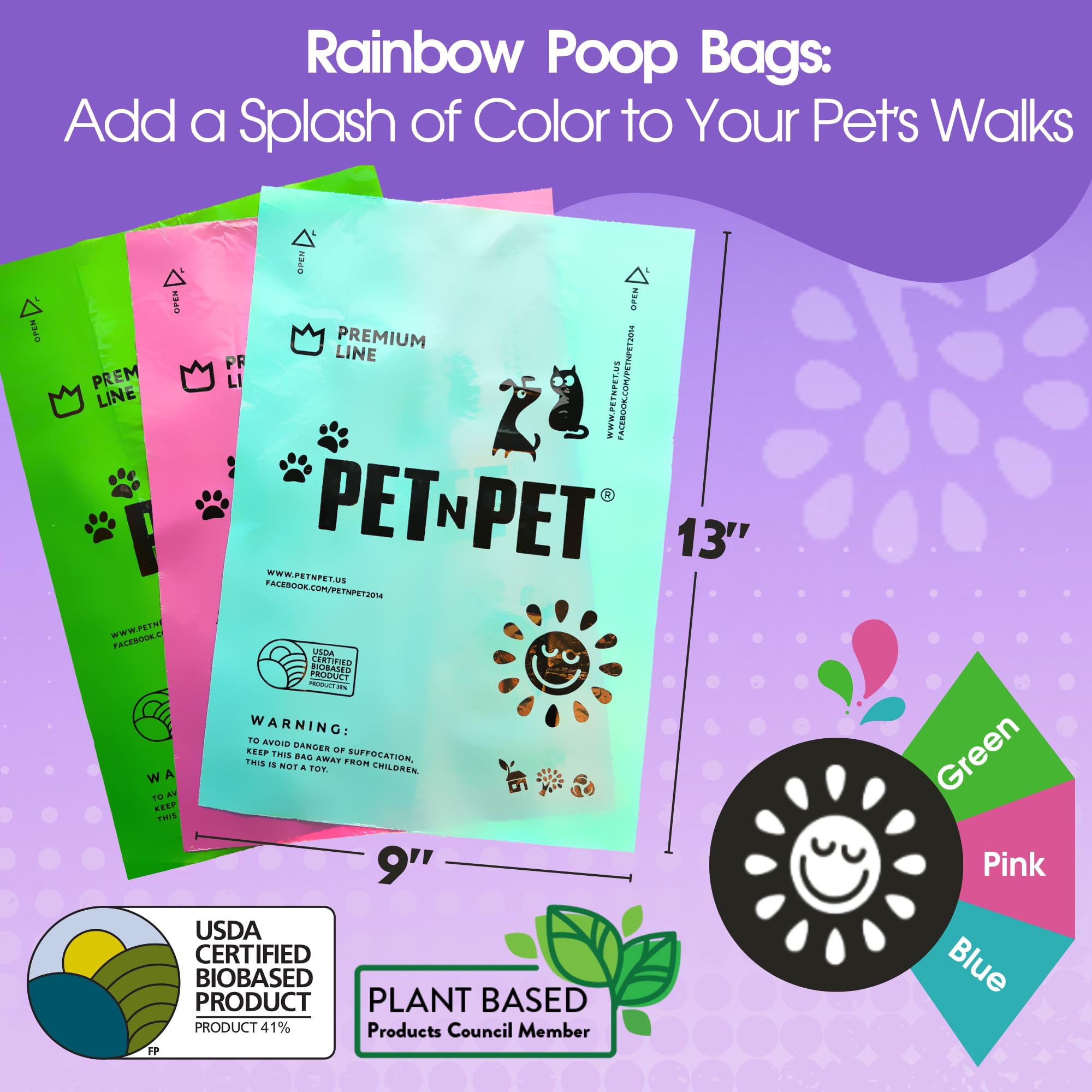 PET N PET rainbow colored bags on a roll for easy, quick identification.