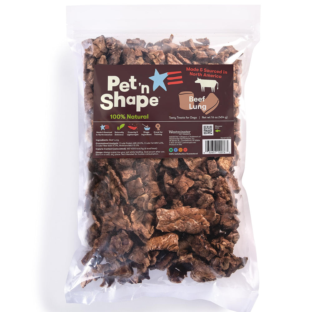 Pet 'n Shape Beef Lung Treats resealable bag preserves freshness for easy storage