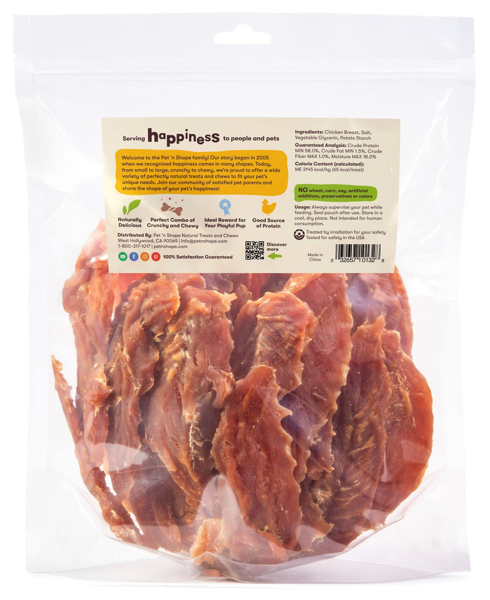 Pet 'n Shape Chik 'n Breast Jerky closeup shows chicken fillets high-protein treat.