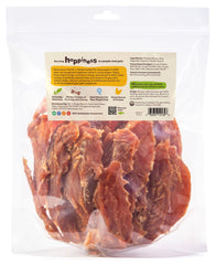 Pet 'n Shape Chik 'n Breast Jerky closeup shows chicken fillets high-protein treat.