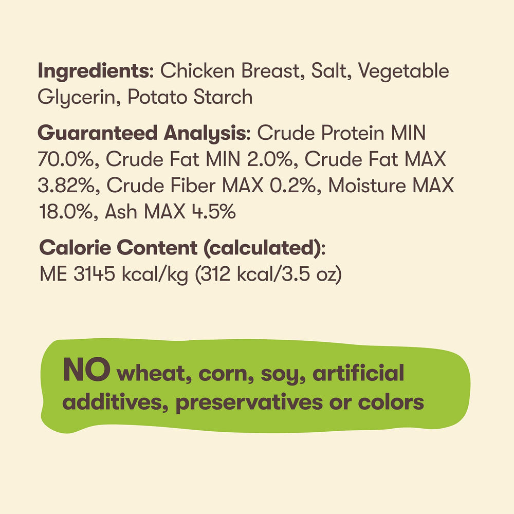 Pet 'n Shape Chik 'n Breast Jerky grain-free label highlights no wheat or soy.