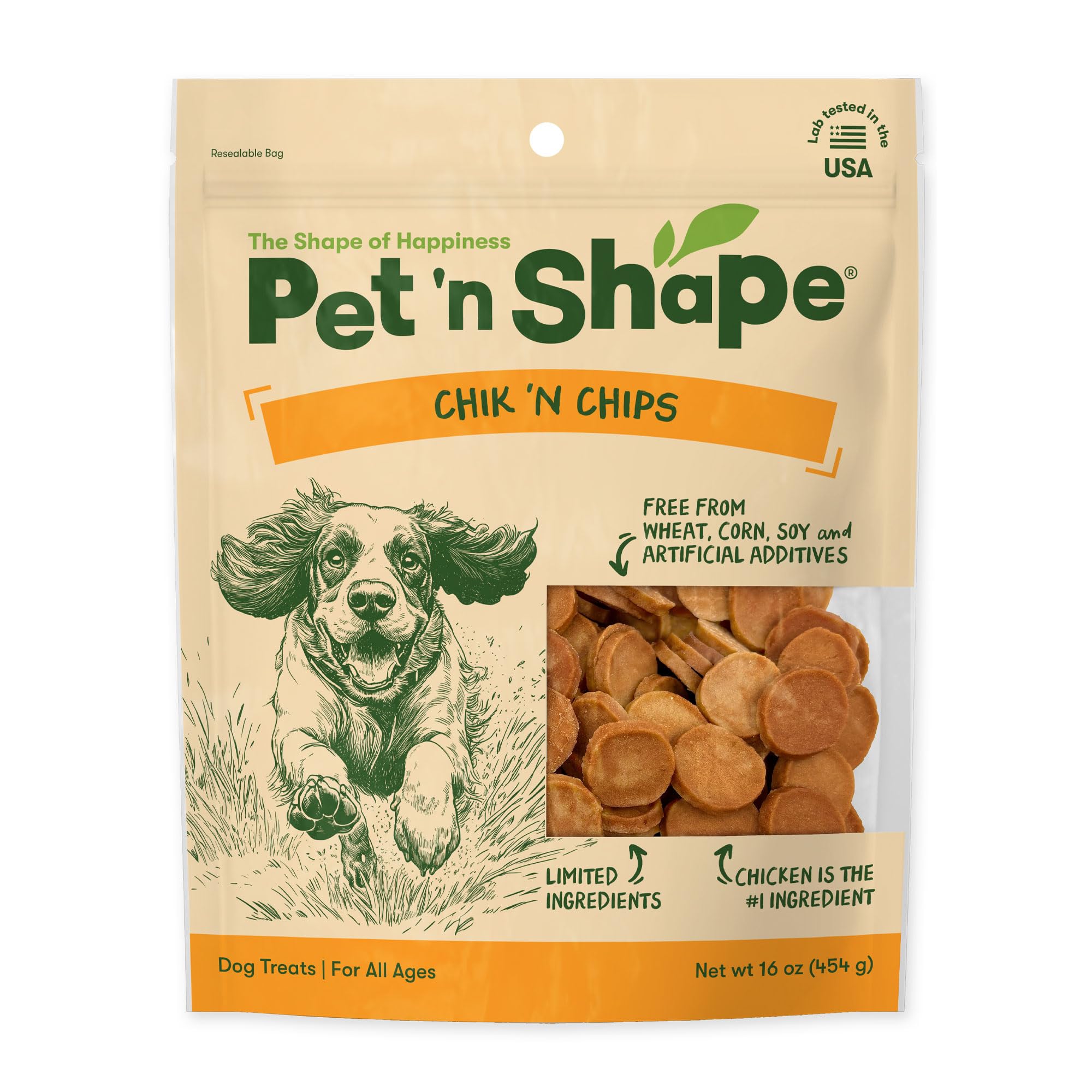Pet 'n Shape Chik 'n Chips packaging reseal for lasting freshness.