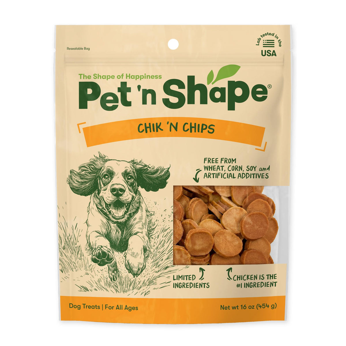 Pet 'n Shape Chik 'n Chips packaging reseal for lasting freshness.