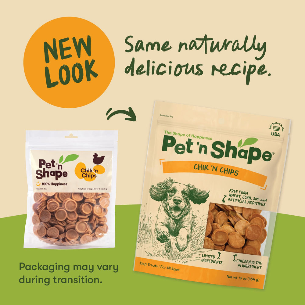 Pet 'n Shape Chik 'n Chips front bag highlights grain-free formula and quality.