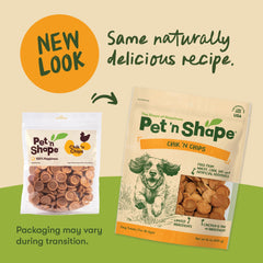 Pet 'n Shape Chik 'n Chips front bag highlights grain-free formula and quality.