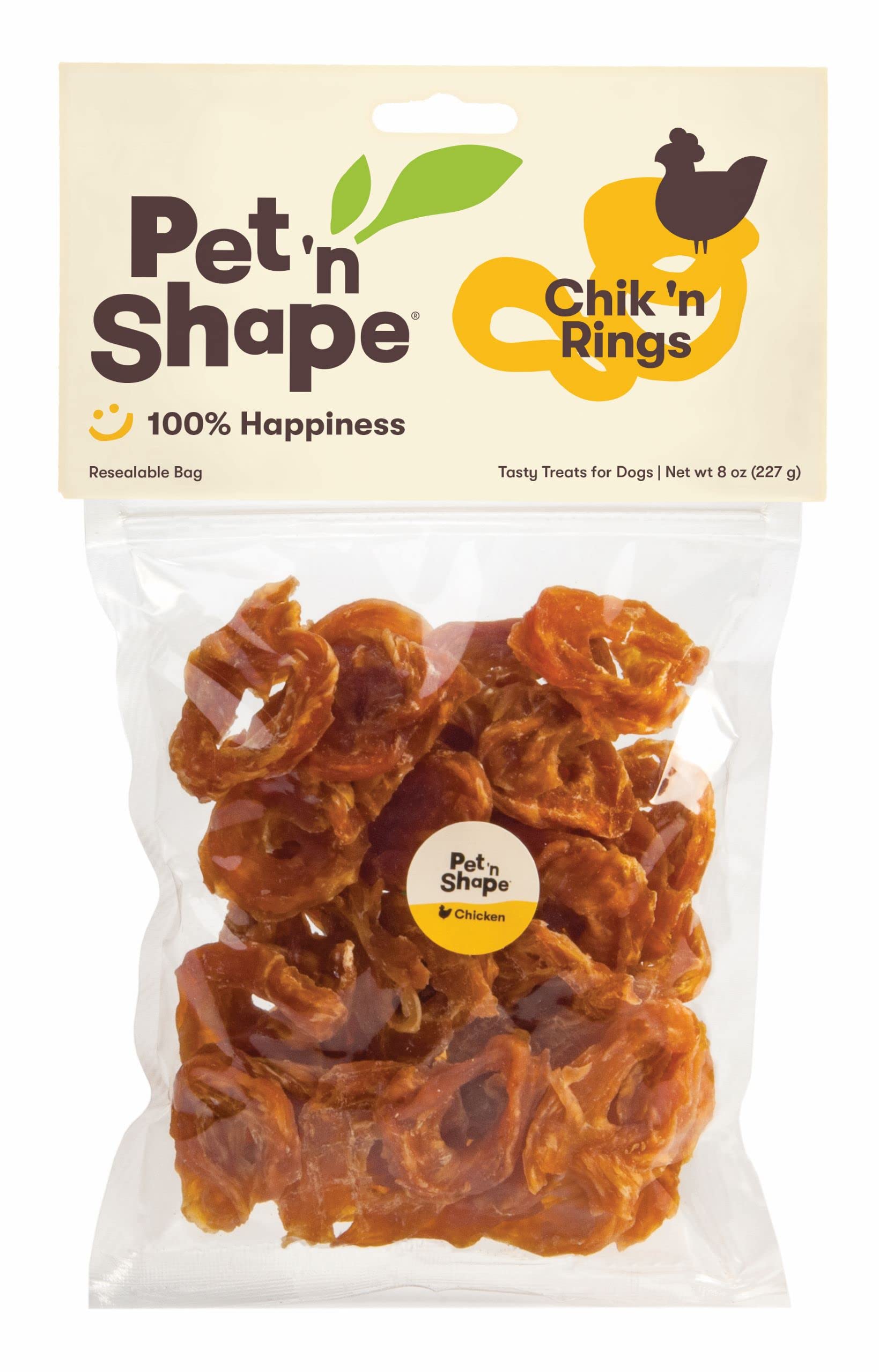 Pet 'n Shape Chik 'n Rings pack shot highlights grain-free, all-natural dog treats
