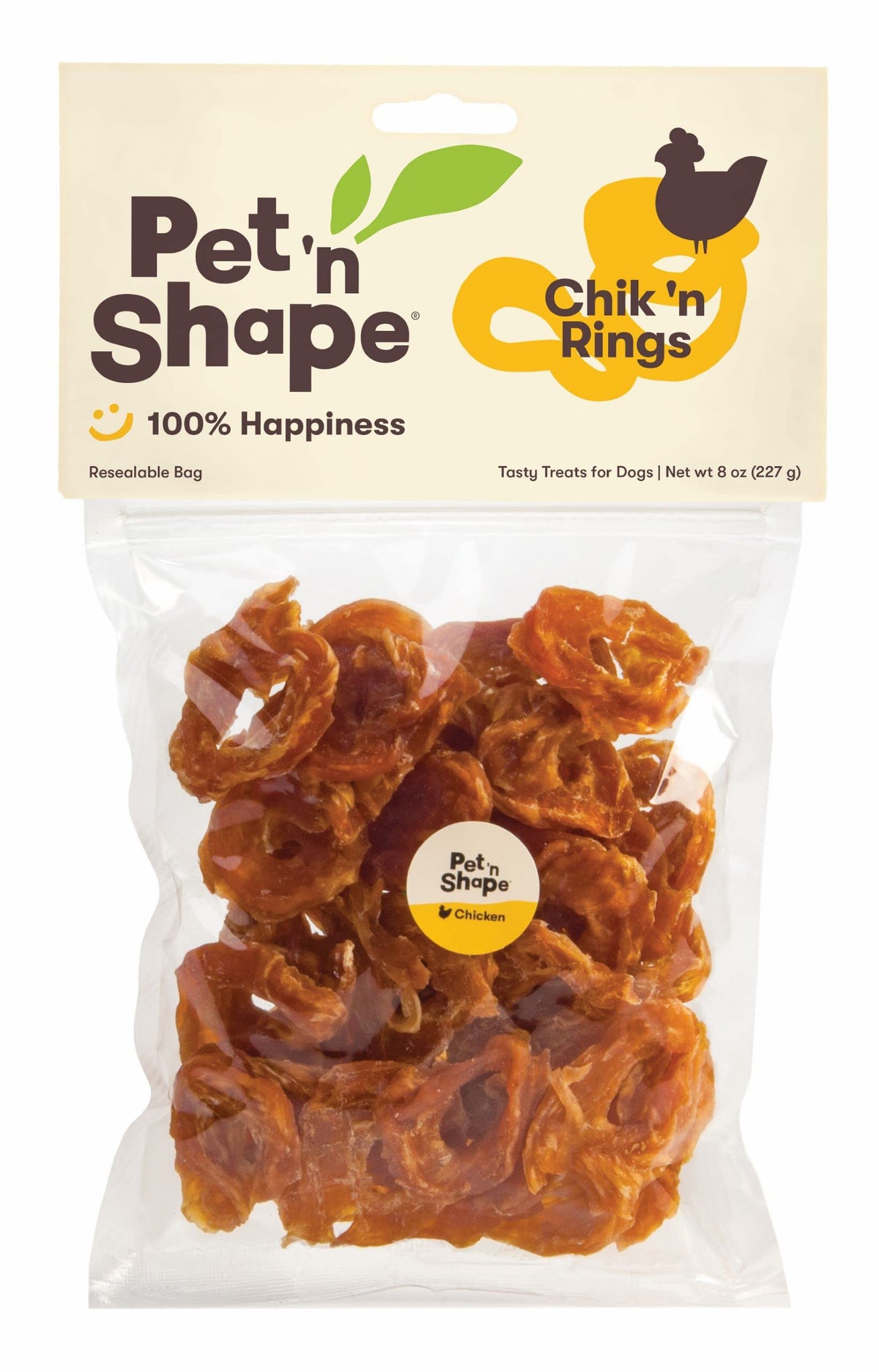 Pet 'n Shape Chik 'n Rings pack shot highlights grain-free, all-natural dog treats