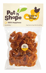 Pet 'n Shape Chik 'n Rings pack shot highlights grain-free, all-natural dog treats