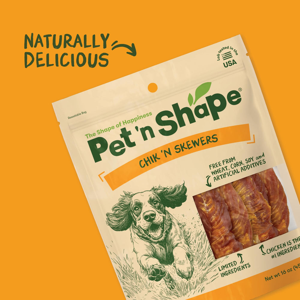Pet 'n Shape Chik 'n Skewers sin granos, opción de snack para perros.