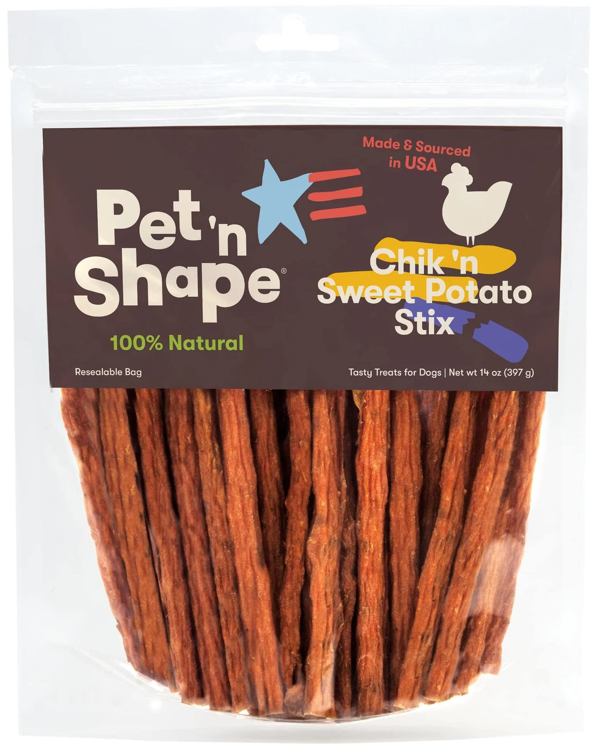 Pet 'n Shape Chik 'n Sweet Potato Stix pack closeup highlighting USA-made dog treats.