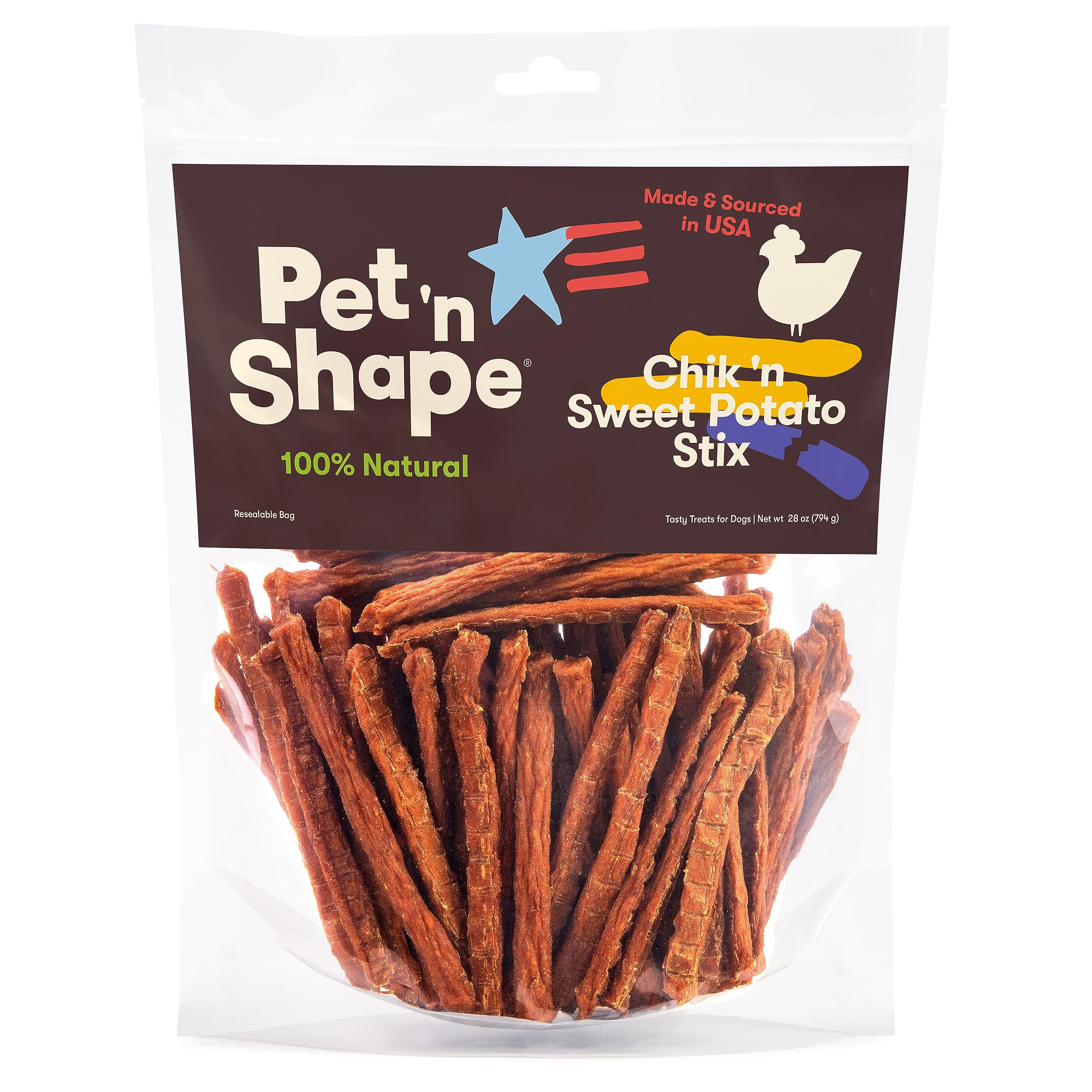 Pet 'n Shape Chik 'n Sweet Potato Stix serving suggestion piece shows portions for puppies
