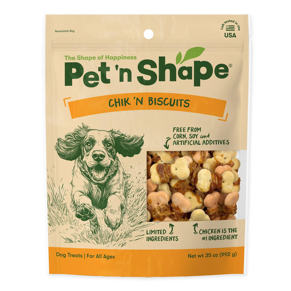 Pet 'n Shape Chik 'n Wrapped Biscuits packaging highlights natural ingredients and quality testing