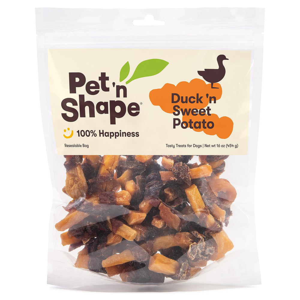 Pet 'n Shape Duck n Sweet Potato Treats packaging preserves freshness for easy storage.