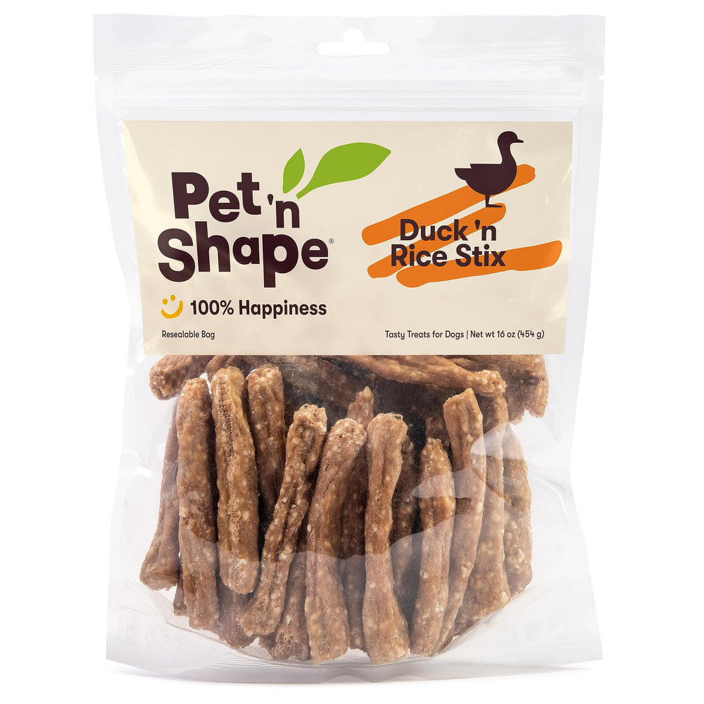 Pet 'n Shape Duck 'n Rice Stix packaging shows resealable pouch for freshness