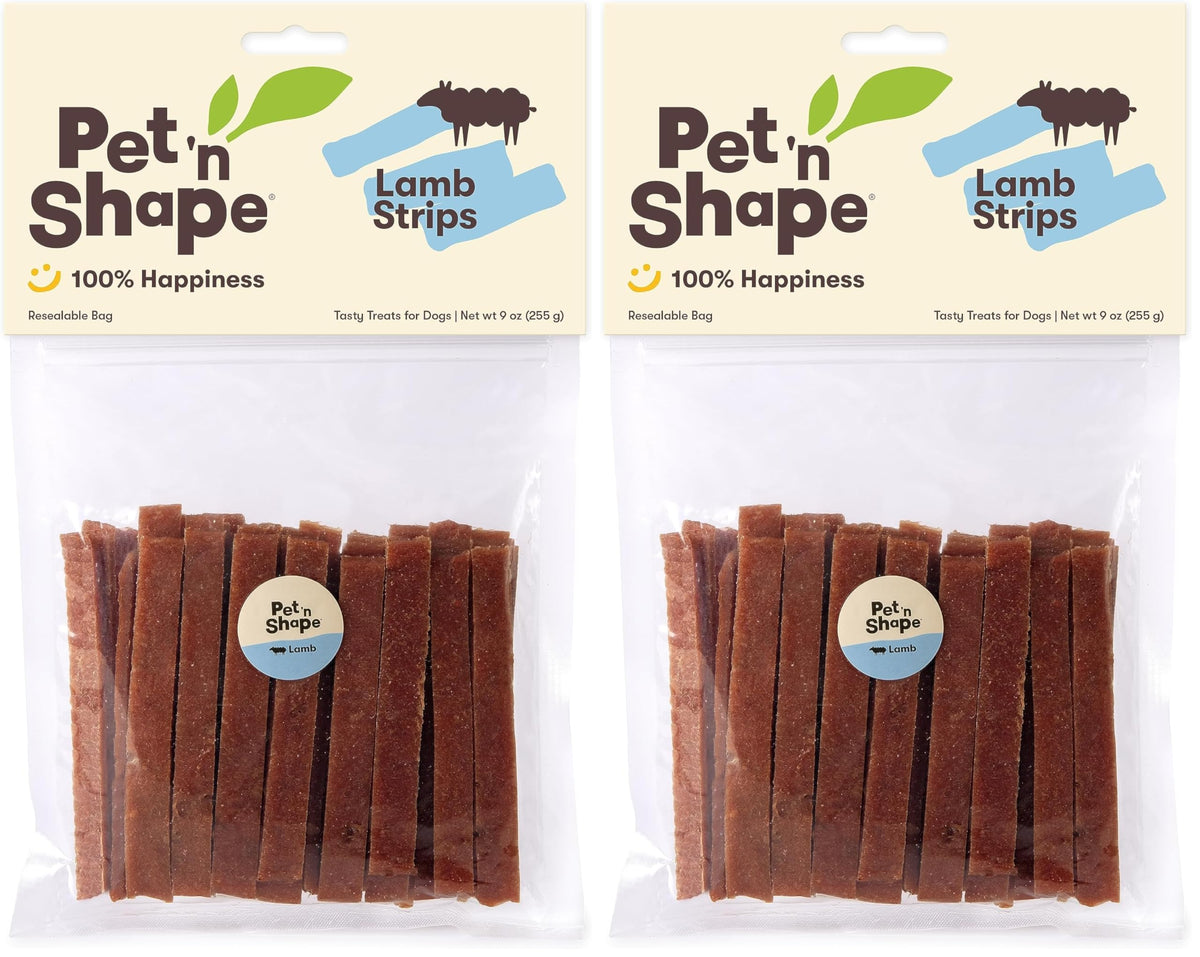 Pet 'n Shape Lamb Jerky 2-pack packaging display for easy storage