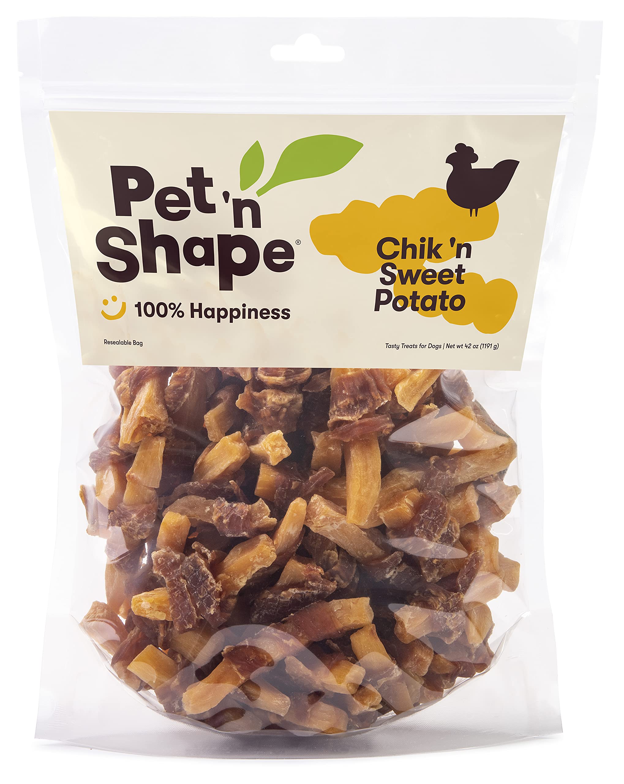 Pet 'n Shape Sweet Potato Chews bag front highlights grain-free dog treats.