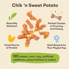 Pet 'n Shape Sweet Potato Chews Jerky ingredients closeup with chicken and potato