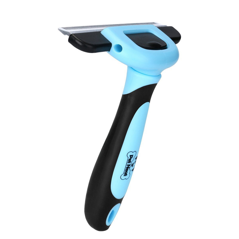 Pet Neat deshedding brush handle close-up highlights comfortable grip