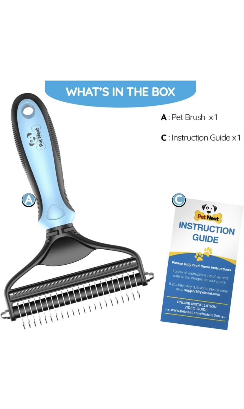 Pet Neat undercoat rake closeup shows fine rounded teeth for comfortable brushing.