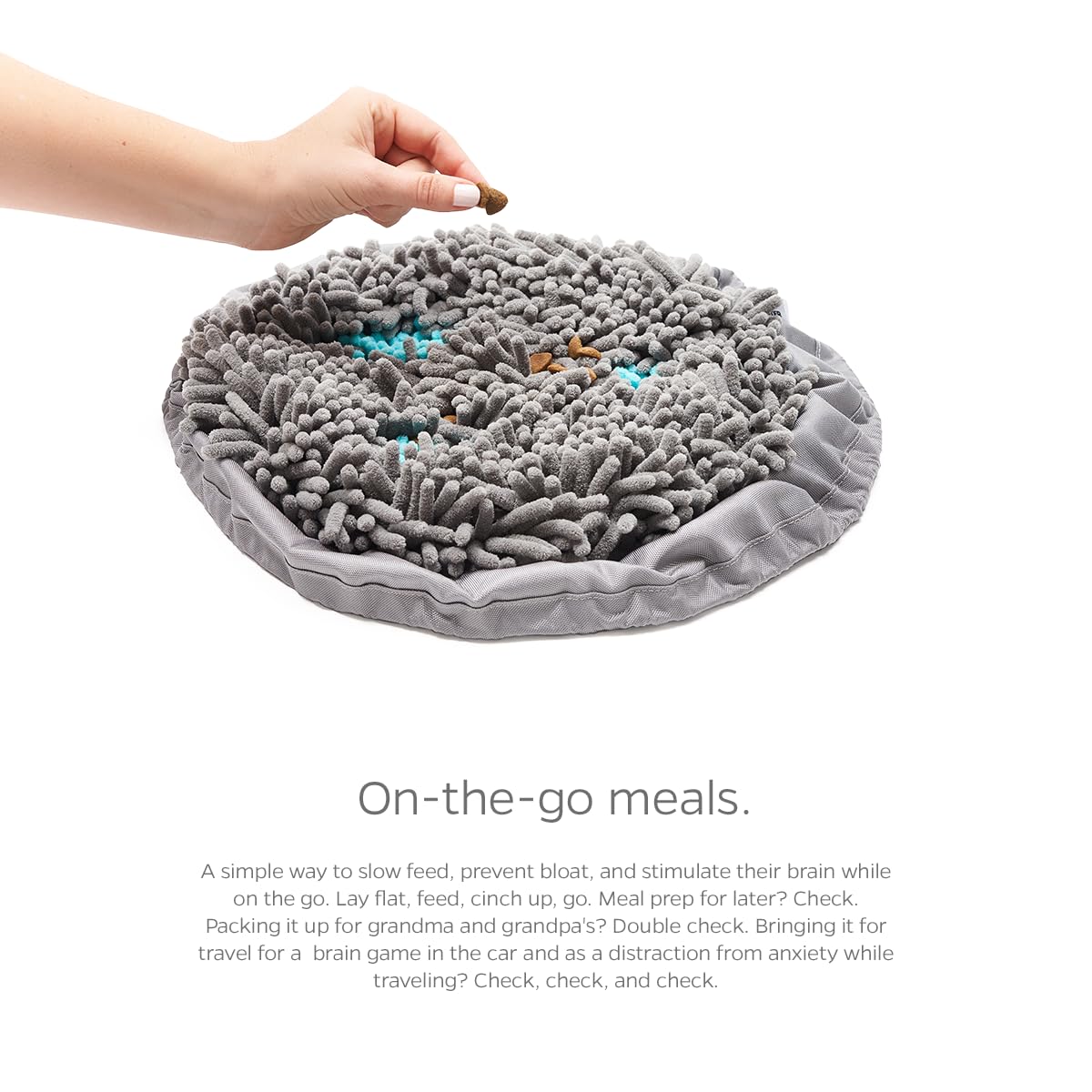 Pet Parents Forager Bowl snuffle-mat enhances enrichment during mealtime.