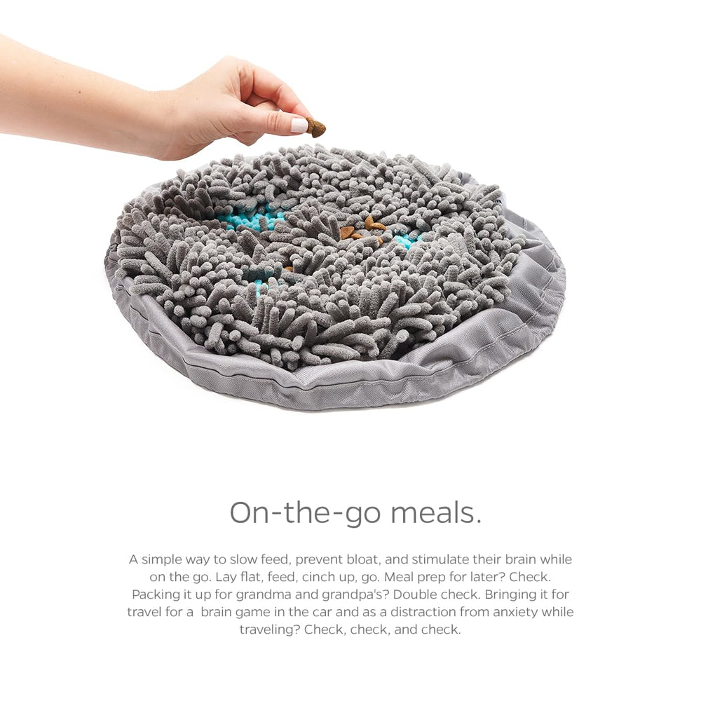 Pet Parents Forager Bowl snuffle-mat enhances enrichment during mealtime.
