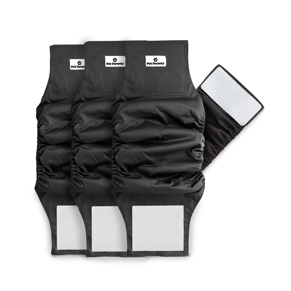 Pet Parents washable belly bands 3-pack pack shot for reusable, money-saving care.