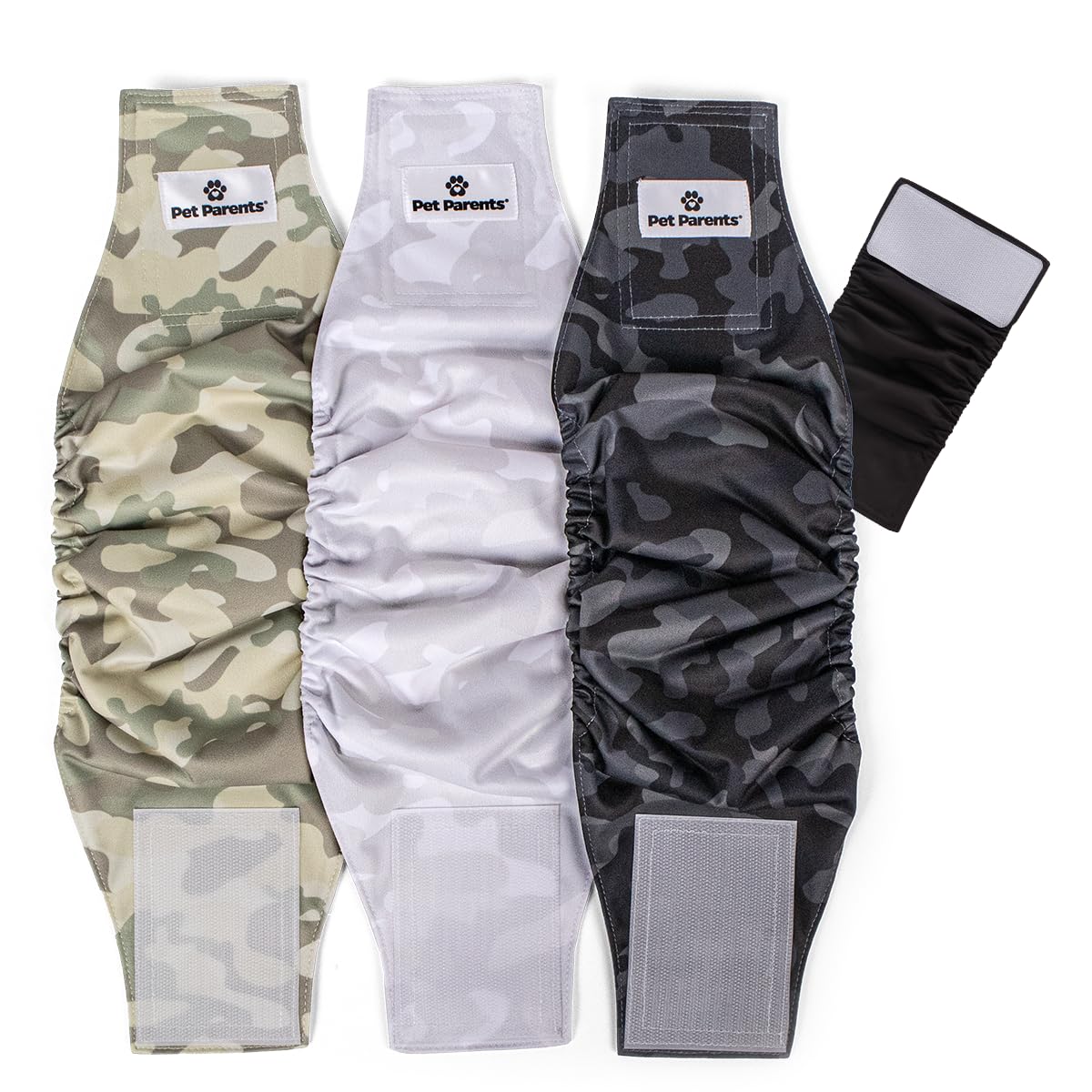 Pet Parents washable belly bands 3-pack in camo show a comfortable, leak-protective fit.