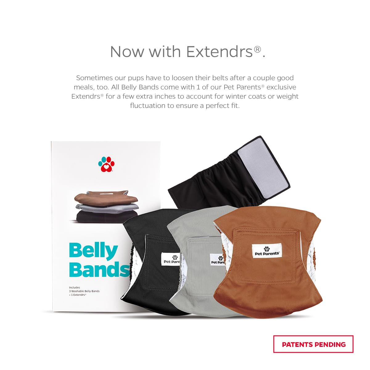Pet Parents three-pack belly bands shown in black, rust, and grey