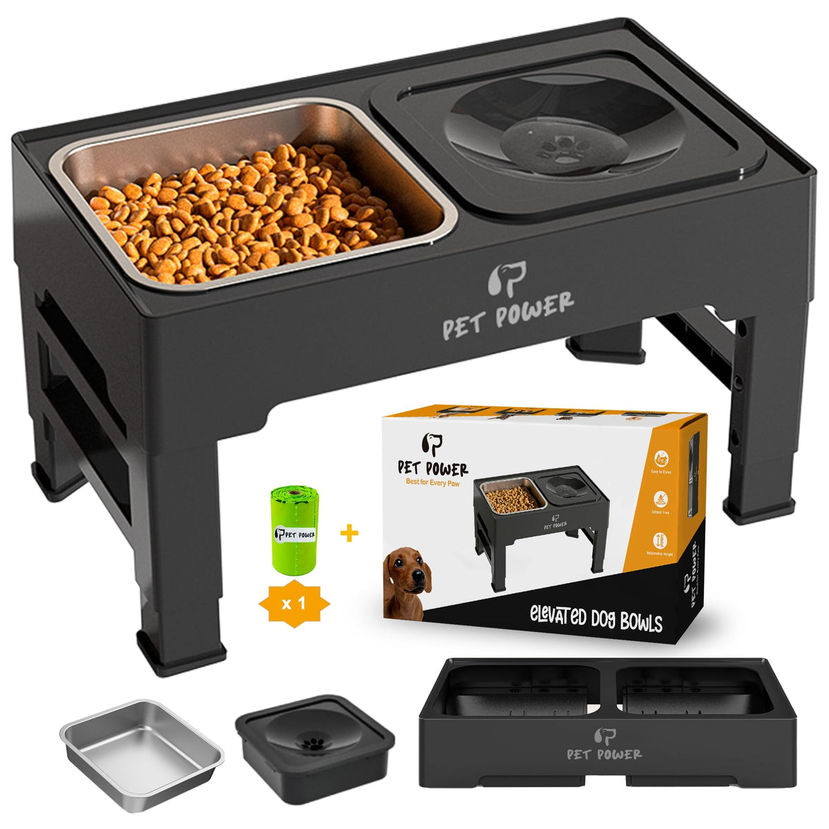 PET POWER elevated-dog-bowl-stand provides four heights for comfortable feeding.