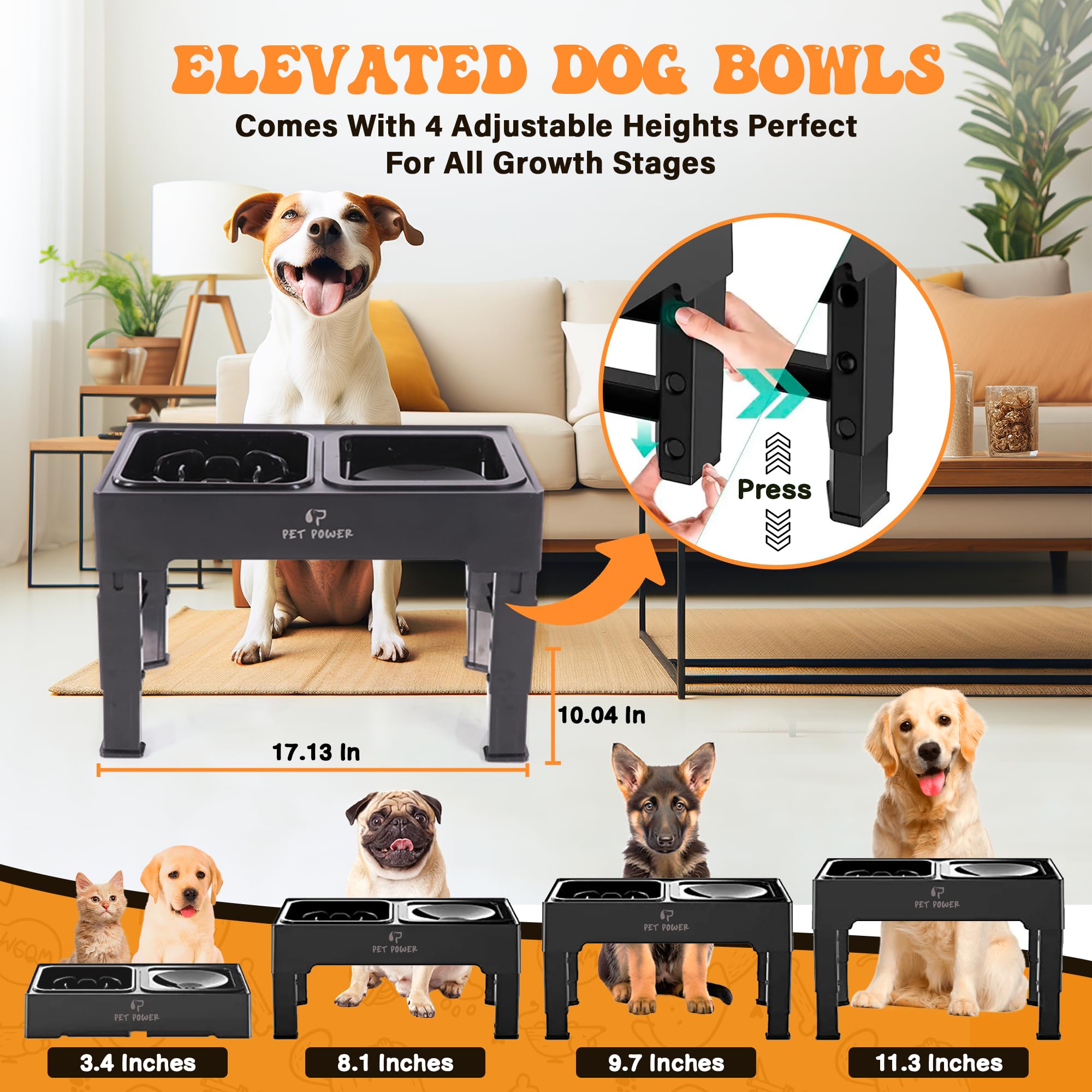 PET POWER elevated bowls four height levels ready for puppy to adult use