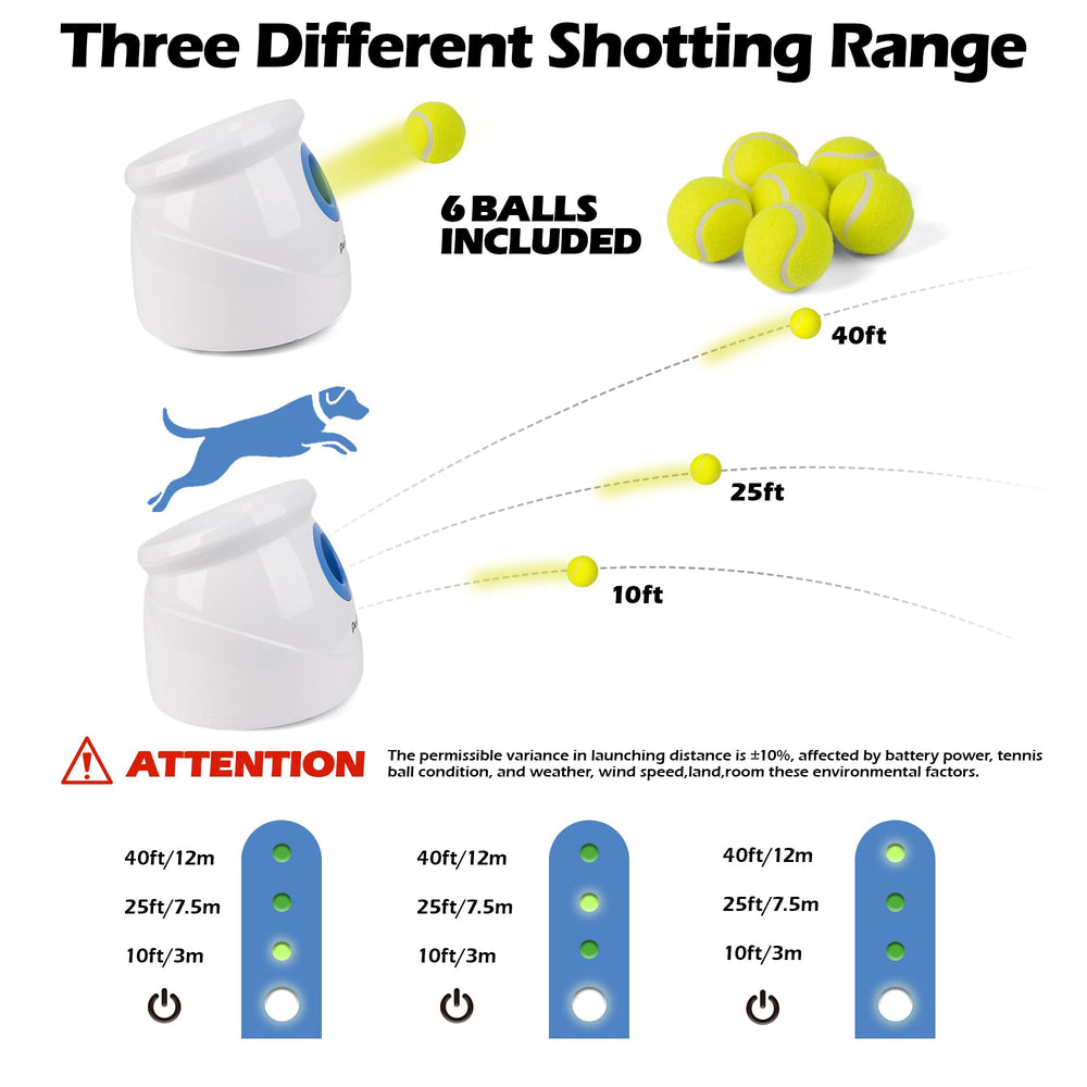 Pet Prime ball-launcher side view highlights adjustable distance for large dogs.