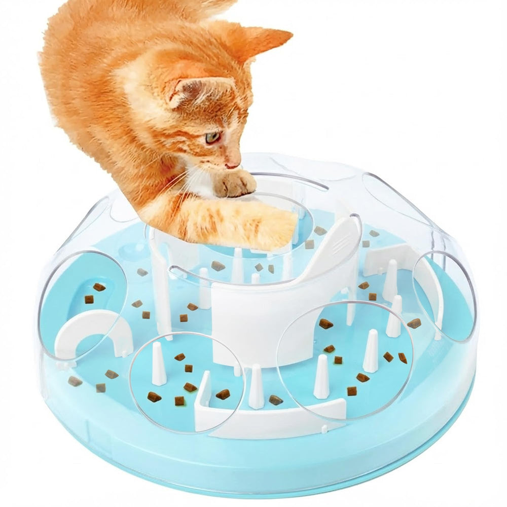 Pet Prime Cat Puzzle Feeder blue front view shows interactive play for slow feeding.