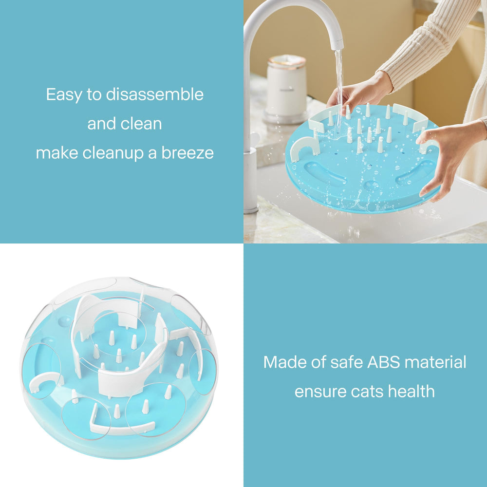 Pet Prime Cat Puzzle Feeder blue serving area close-up highlights safe ABS construction.