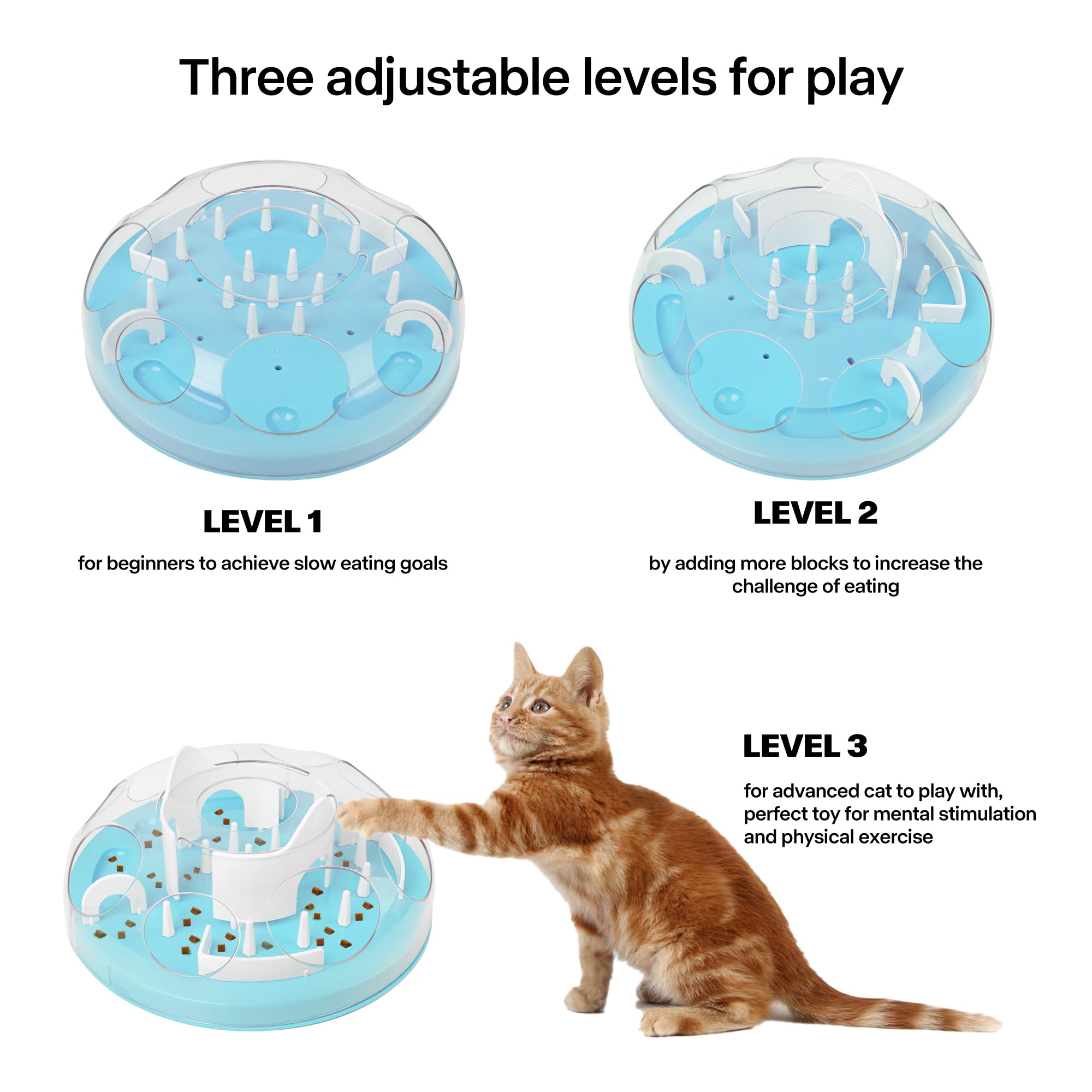 Pet Prime Cat Puzzle Feeder blue side detail highlights adjustable difficulty levels for mental challenge.