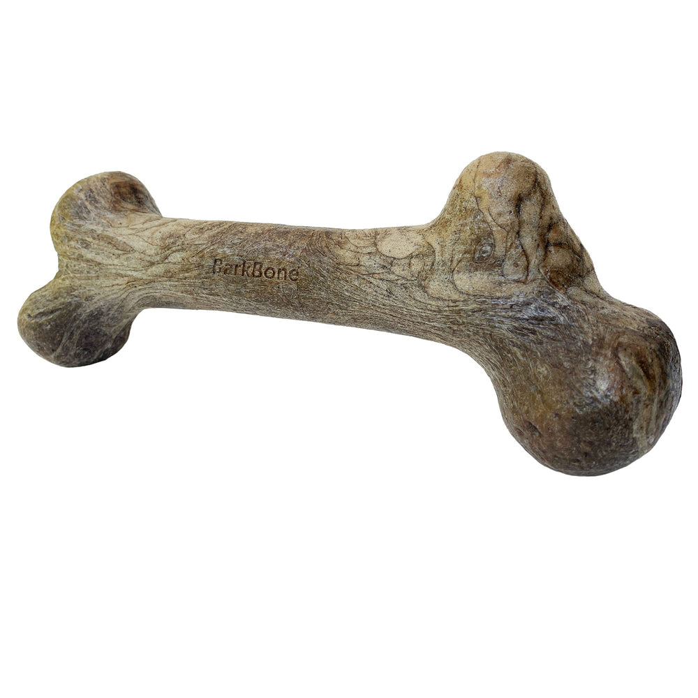 Pet Qwerks Dinosaur BarkBone wood dog bone for moderate chewers with safe chew surface