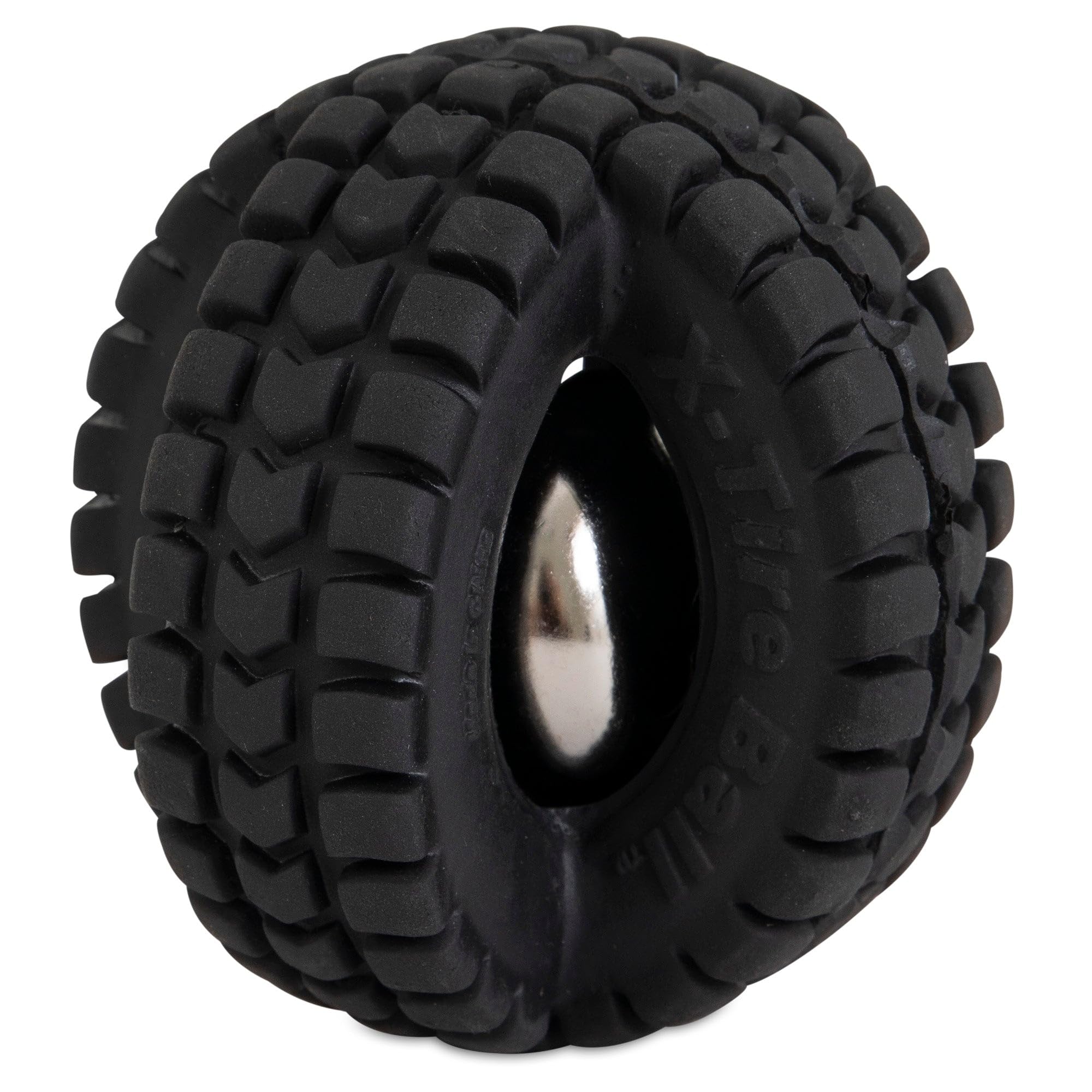 Pet Qwerks X-Tire Ball Small with jingle bell for interactive play.