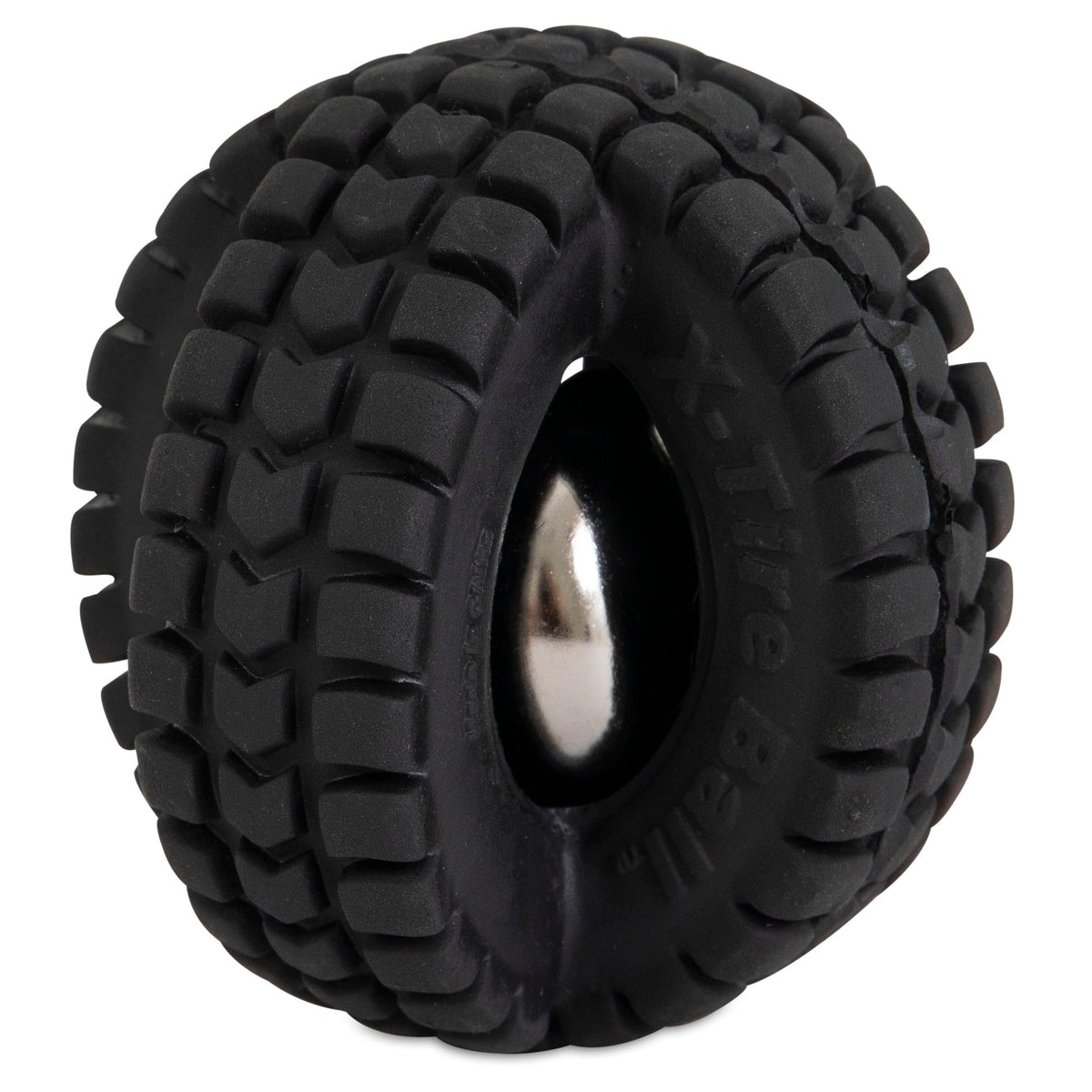 Pet Qwerks X-Tire Ball Small with jingle bell for interactive play.