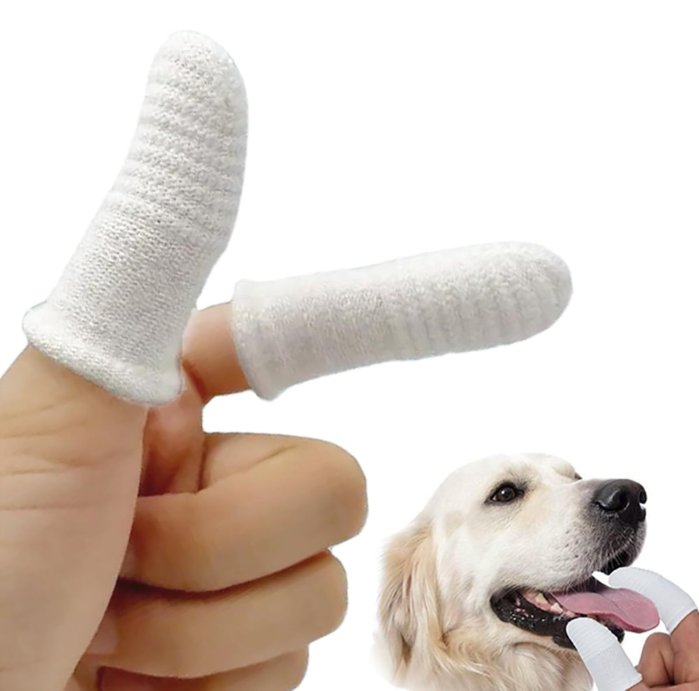 Pet Republique finger toothbrush kit shows thumb-sized design for gentle dental care.