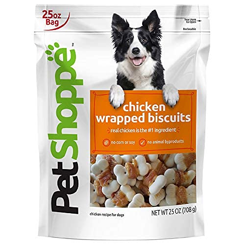 PET SHOPPE Real Chicken Wrapped Biscuits package supports dental health during tasty chew sessions.