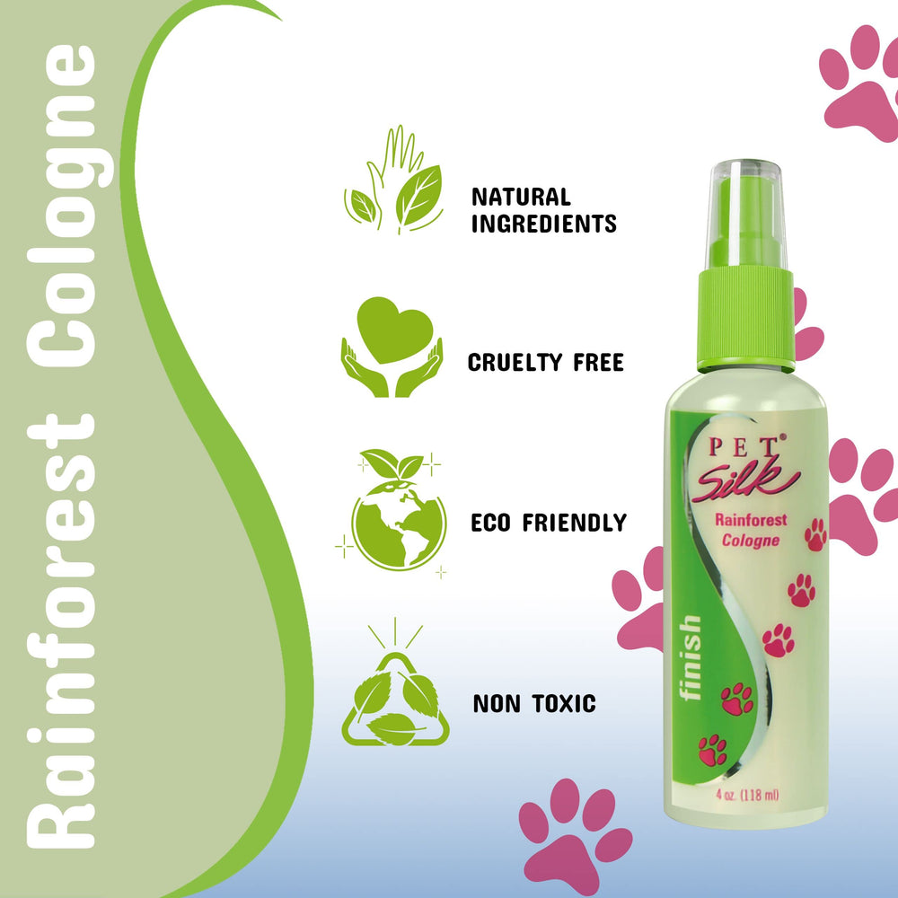 Pet Silk Rainforest Spray label closeup highlighting premium quality.