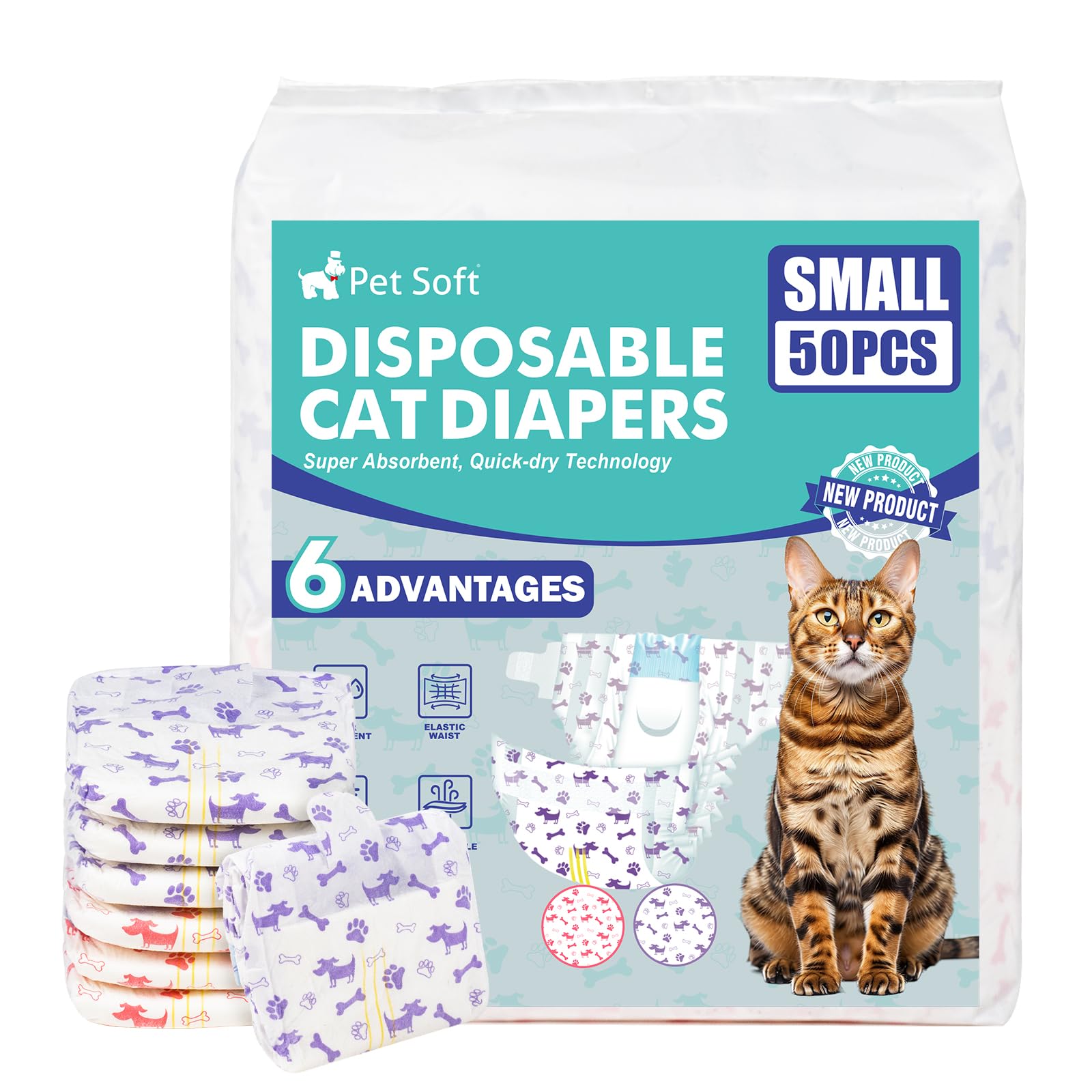 Pet Soft disposable cat diapers pack front for home use and travel protection.
