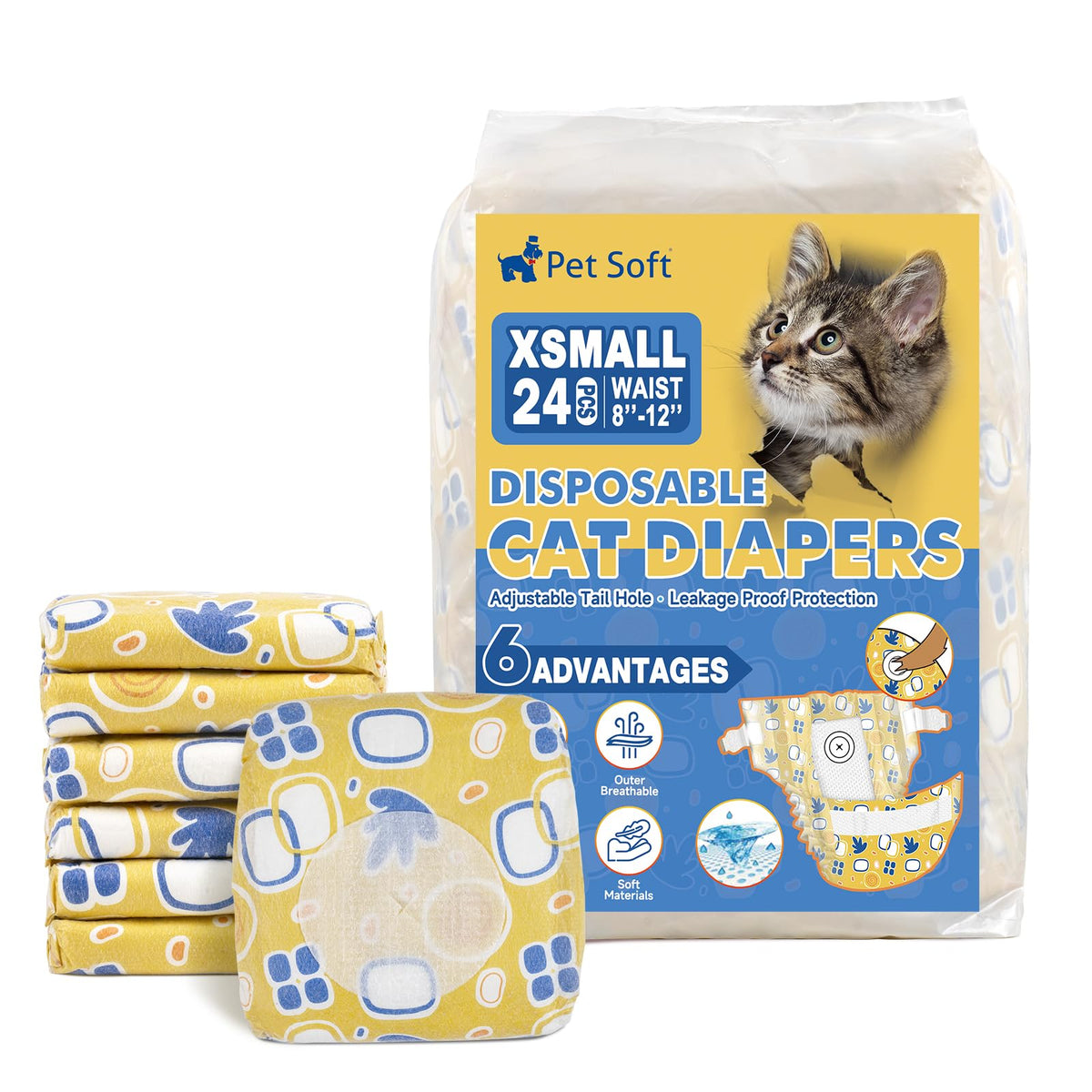 Pet Soft disposable cat diapers pack-open for quick changes during travel
