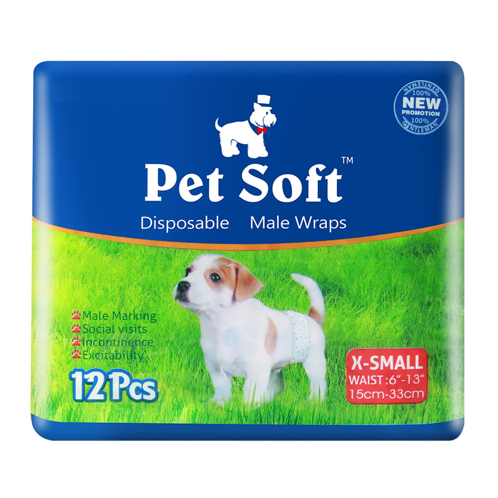 Pet Soft disposable male wrap dog diaper pack with three patterns.