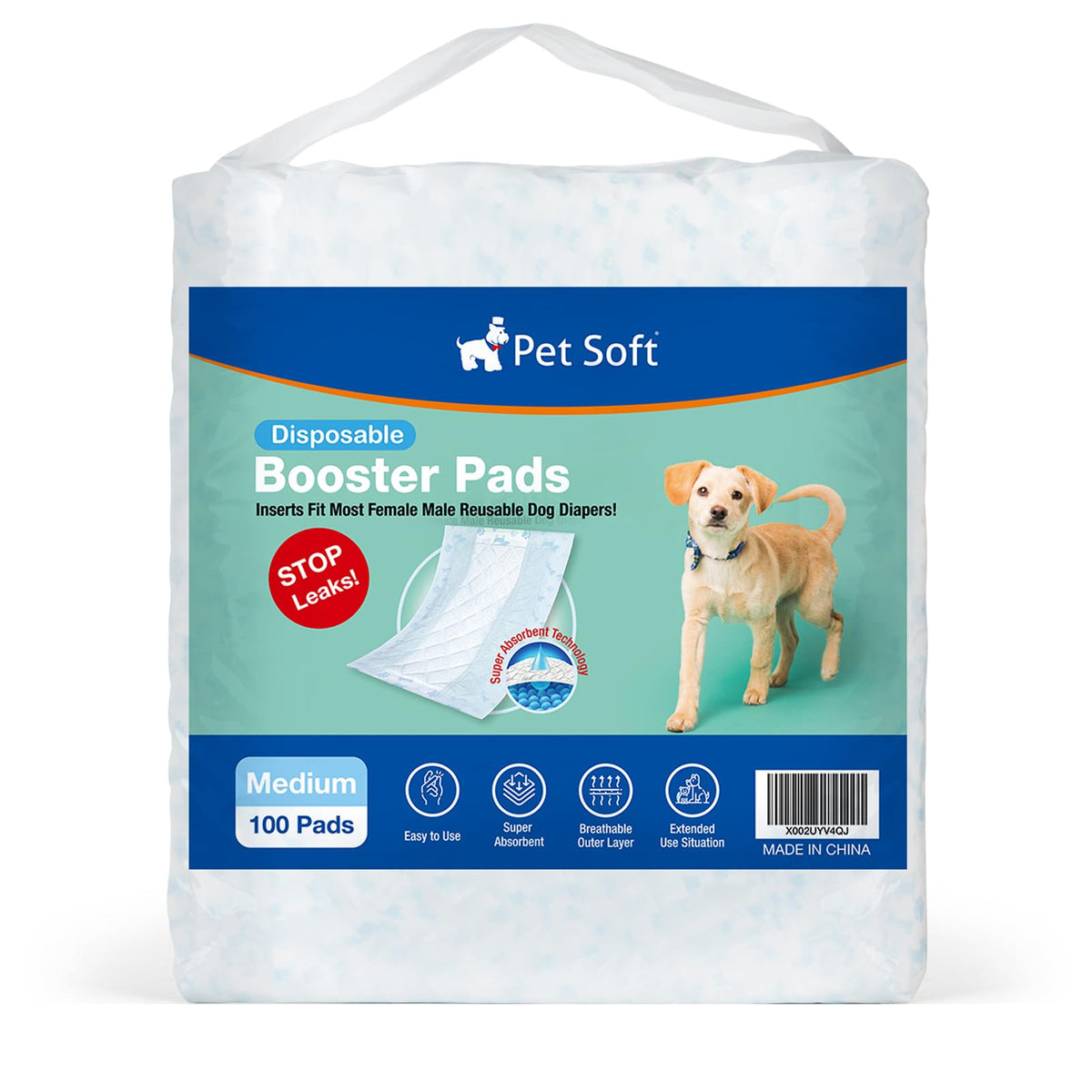 Pet Soft dog diaper liners pack 100ct shown with blue packaging for reliable boost