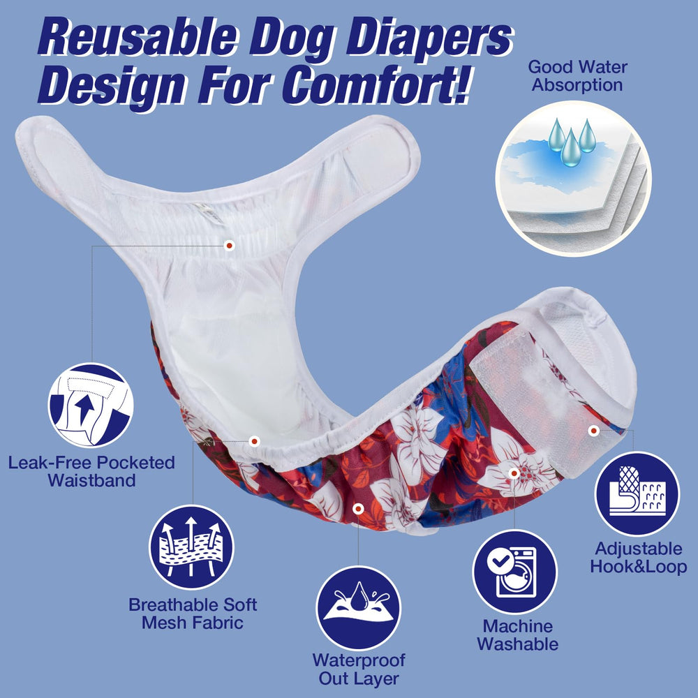 Pet Soft female dog diapers show three-pattern pack for variety.
