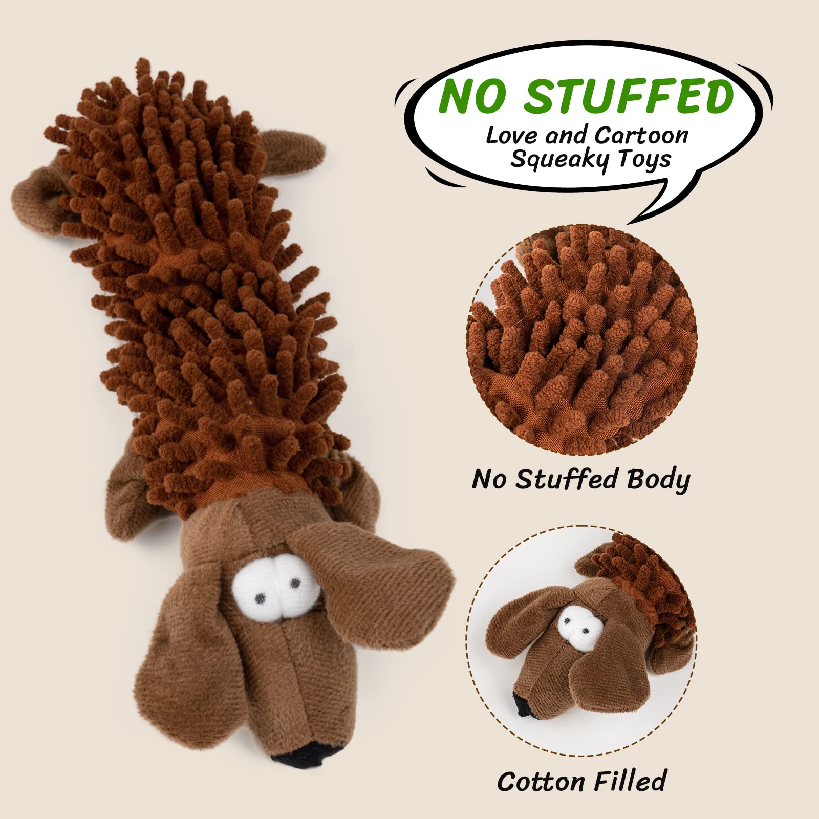 Pet Soft no-stuffing chew toys reduce mess while puppies explore texture and toss.