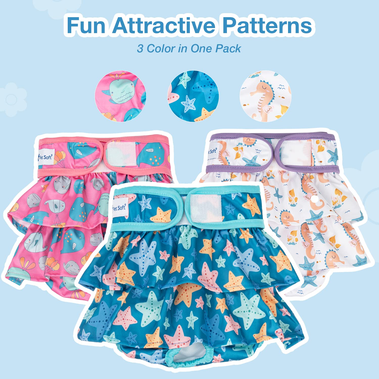 Pet Soft dress-style diaper closeup shows 2–3 absorbent layers for quick absorption