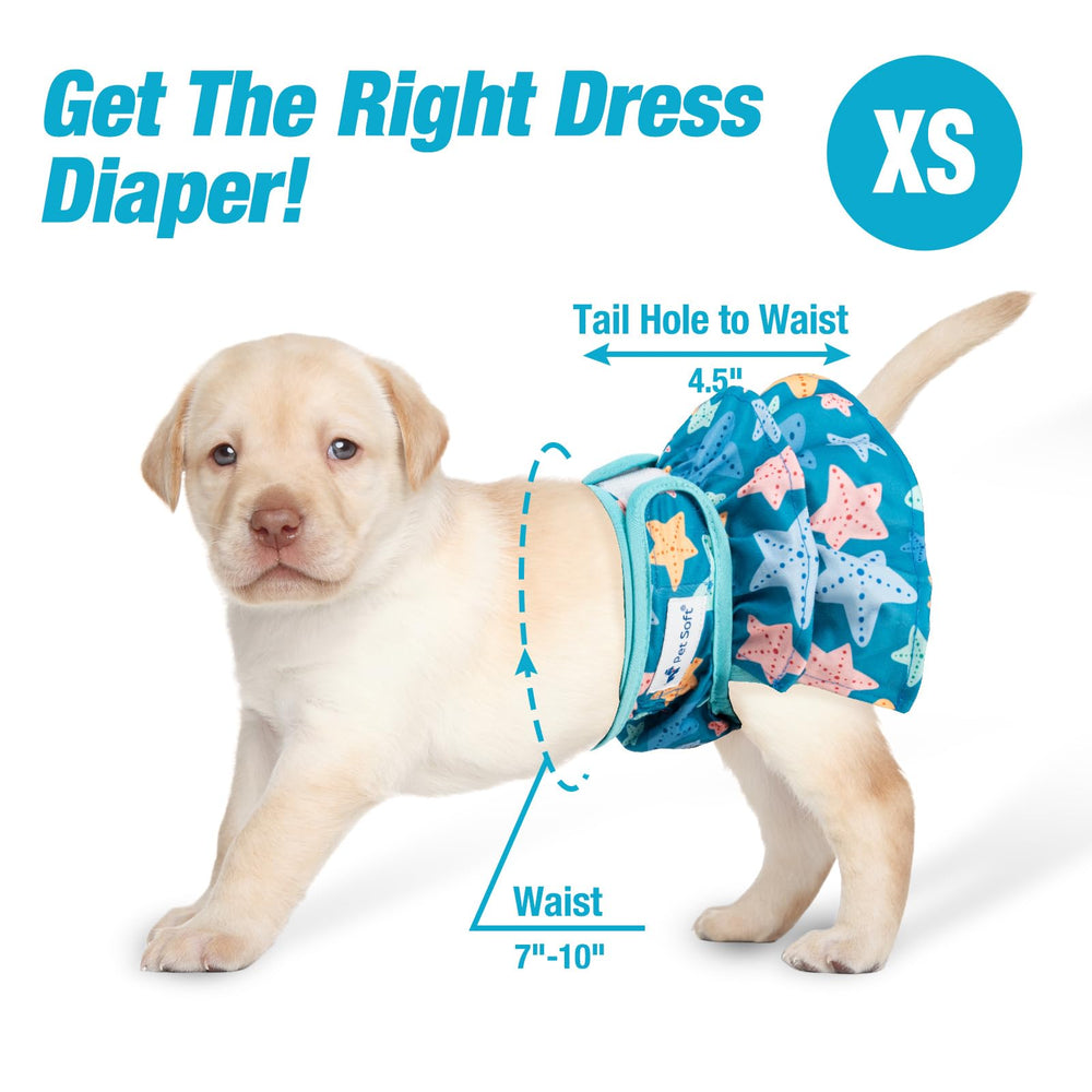 Pet Soft dress-style diapers on a dog demonstrating easy-on and easy-off design