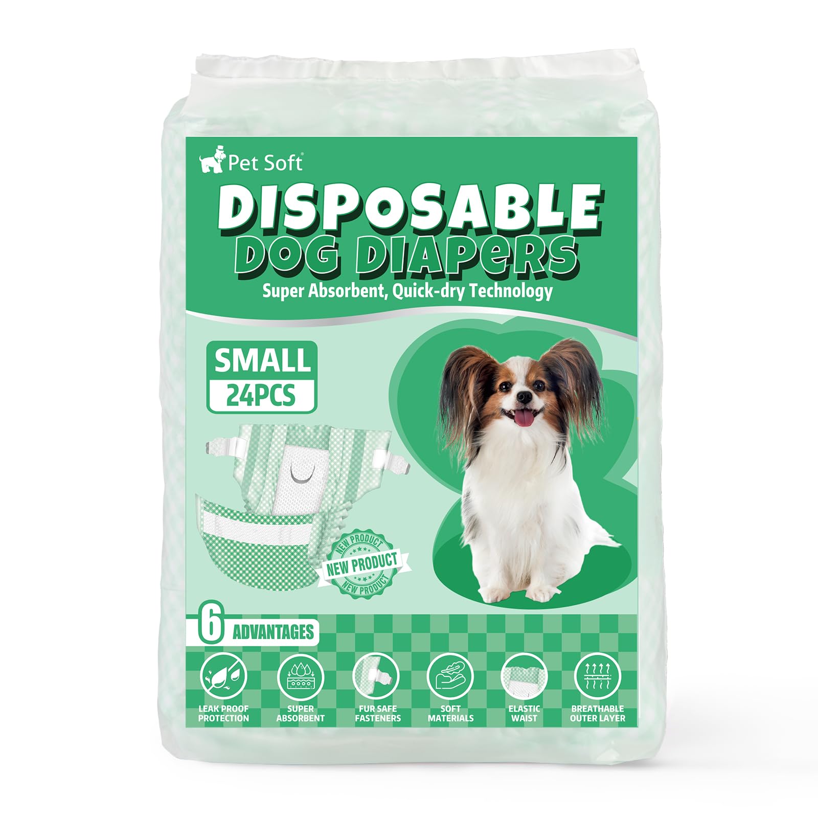 Pet Soft brand image with green plaid on puppy demonstrates reliable home care.